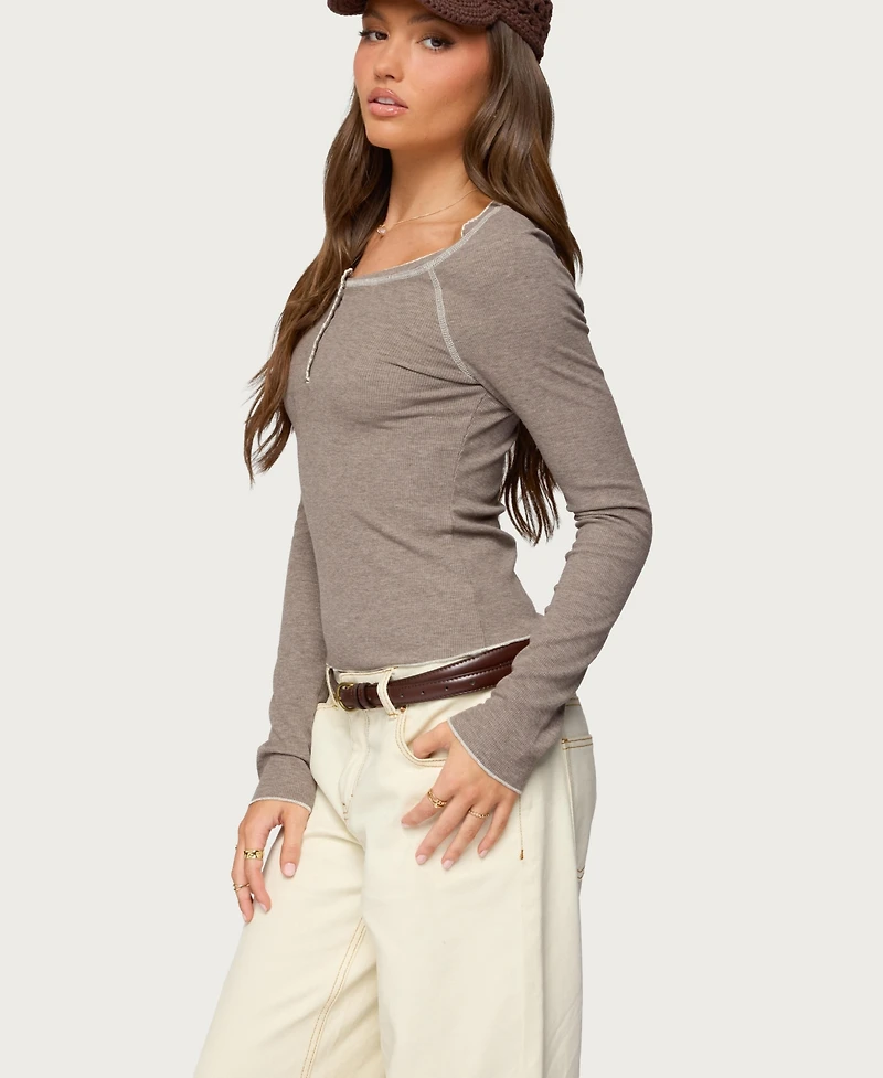 Edikted Women's Ensley Contrast Stitch Henley Top