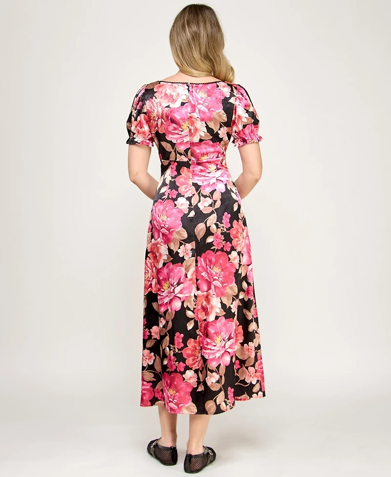 Crystal Doll Women's Printed V-Neck Satin Midi Dress