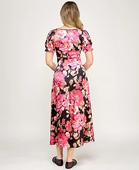 Crystal Doll Women's Printed V-Neck Satin Midi Dress