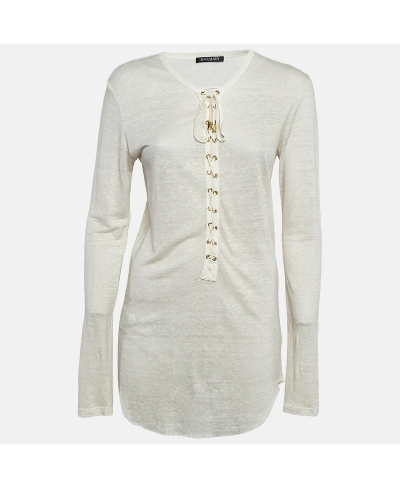 Pre-Owned Balmain Women's Off-White Linen Knit Lace-Up Top
