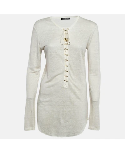 Pre-Owned Balmain Women's Off-White Linen Knit Lace-Up Top