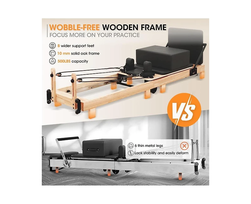 Mikolo Wooden Foldable Pilates Reformer Machine with Springs, Pilates Machines for Home Use and Studio, Pilates Equipment with Sitting Box