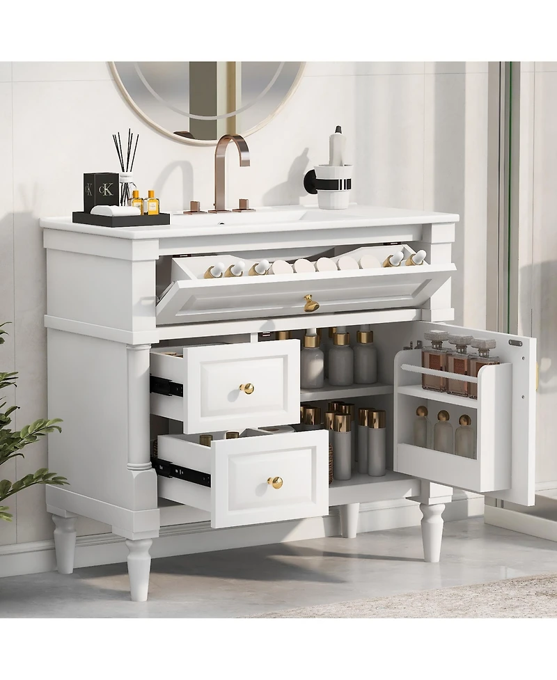 Casainc Bathroom Vanity with Ceramic Sink Flip Drawer Adjustable Shelf