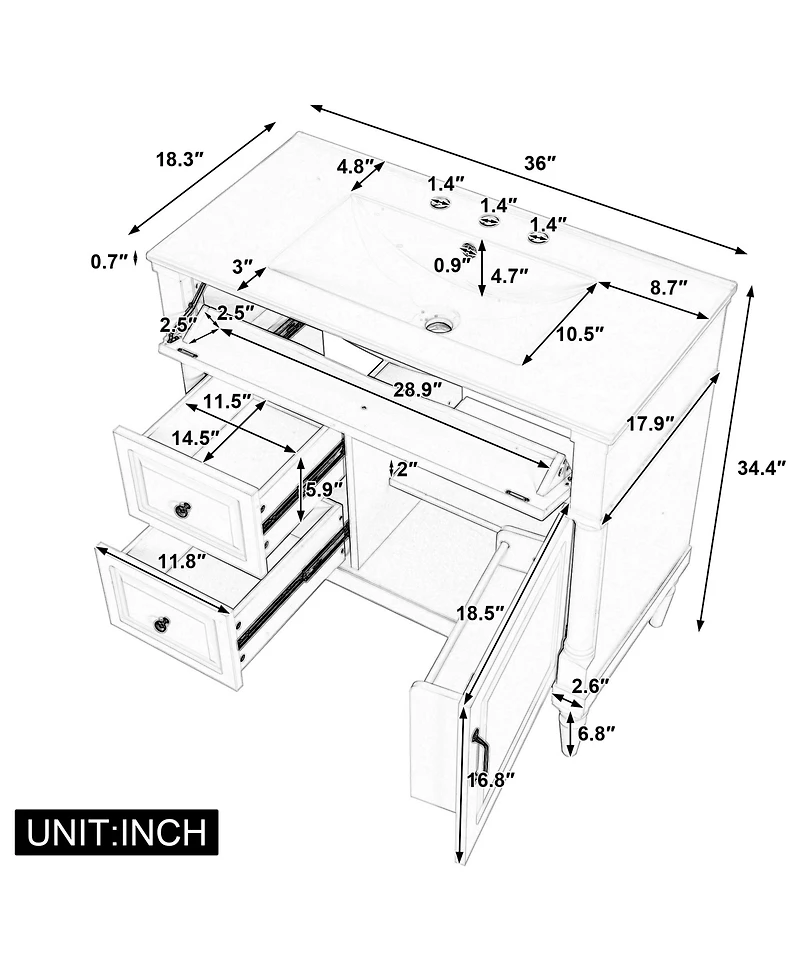 Casainc Bathroom Vanity with Ceramic Sink Flip Drawer Adjustable Shelf