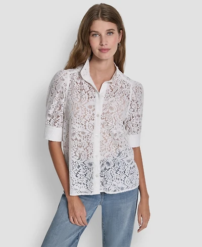 Dkny Jeans Women's Lace Puff Sleeve Stand Collar Shirt