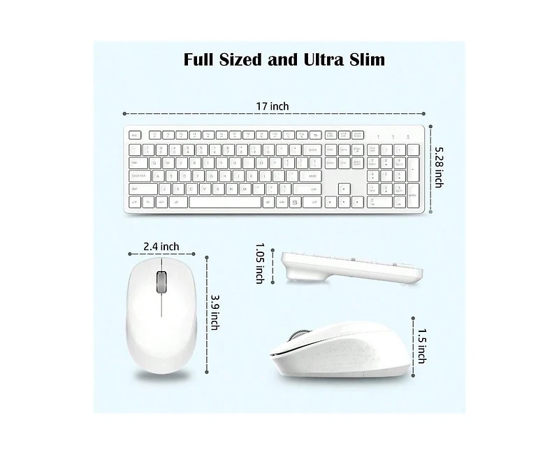 risokeys Wireless Keyboard & Mouse Combo – Full-Size, Silent, 2.4GHz, 2-in-1 Receiver, Compatible with Laptops – White