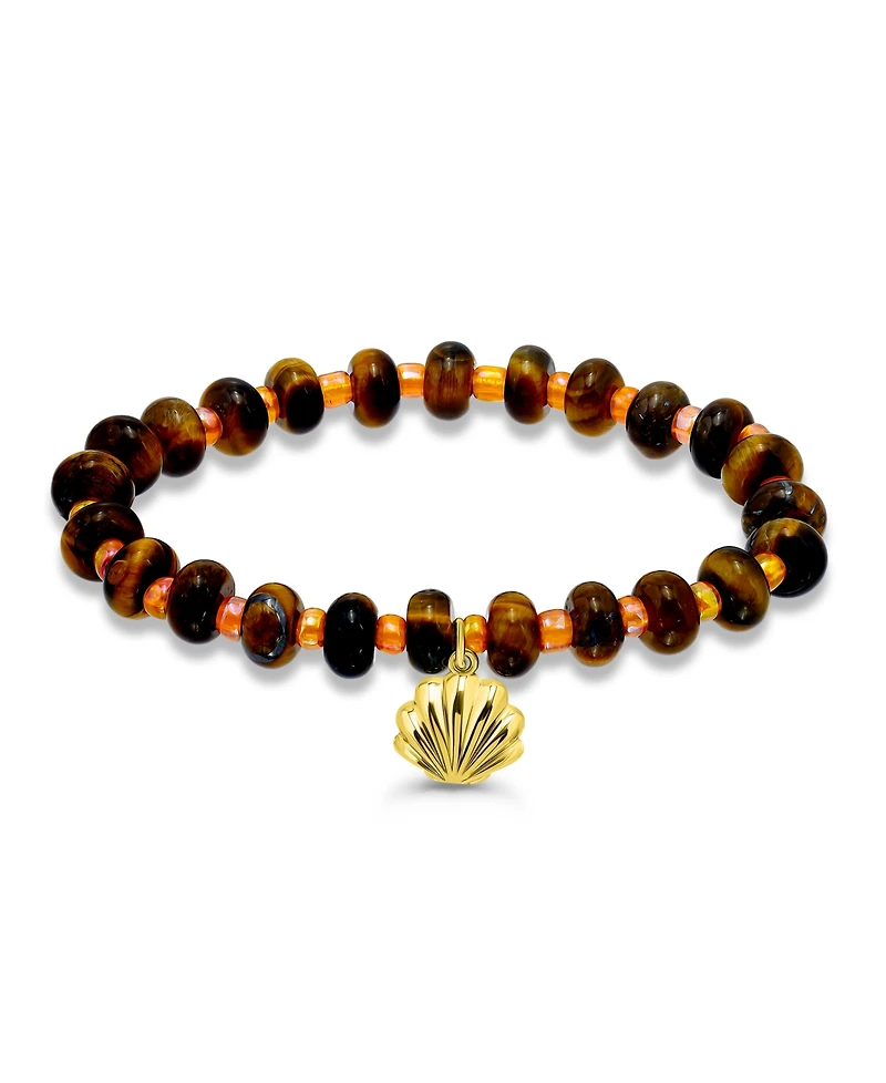 Macy's Tigers Eye Rondelle Beads and Clamshell Drop Charm Beaded Gold Plated Stretch Bracelet