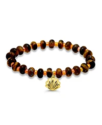 Macy's Tigers Eye Rondelle Beads and Clamshell Drop Charm Beaded Gold Plated Stretch Bracelet