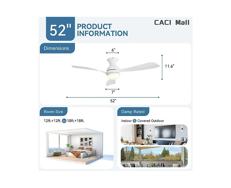 Sofucor 52-inch Modern White 3-Blade Flush Mount Ceiling Fan with Led Light and Remote Control