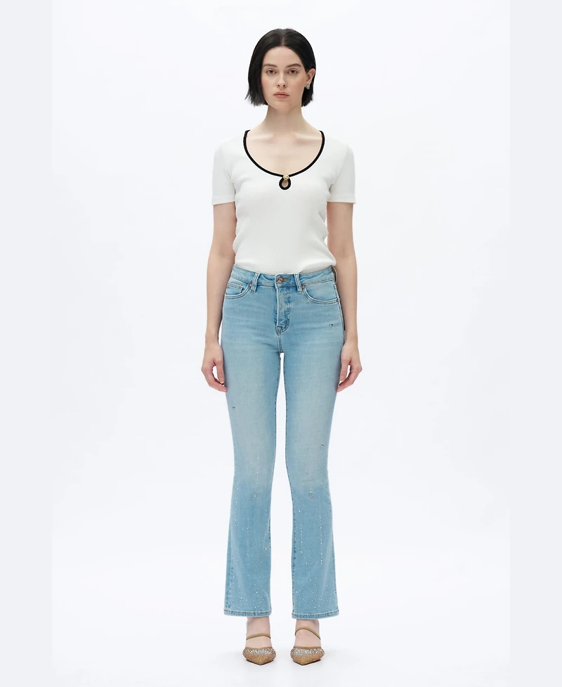 Bayeas Women's High-Rise Rhinestone-Embellished Flare Jeans