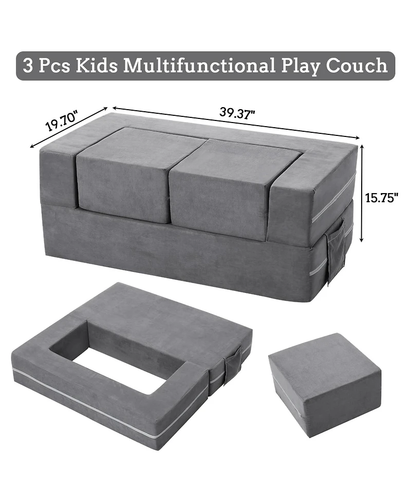 gaomon Kids Couch 3PCs Modular Play Couch, Toddler Convertible Sofa Foam Floor for Children, Bed Creative Set