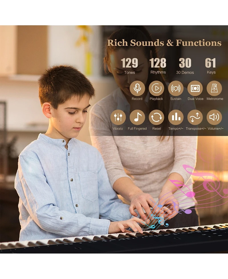 Sugift 61-Key Portable Electronic Keyboard Piano Complete Digital Piano Set with Stand and Stool