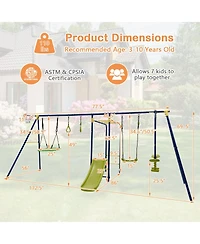 Hongge Kids Outdoor 7 in 1 Metal Swing Set with Slide Monkey Bar and Basketball Hoop