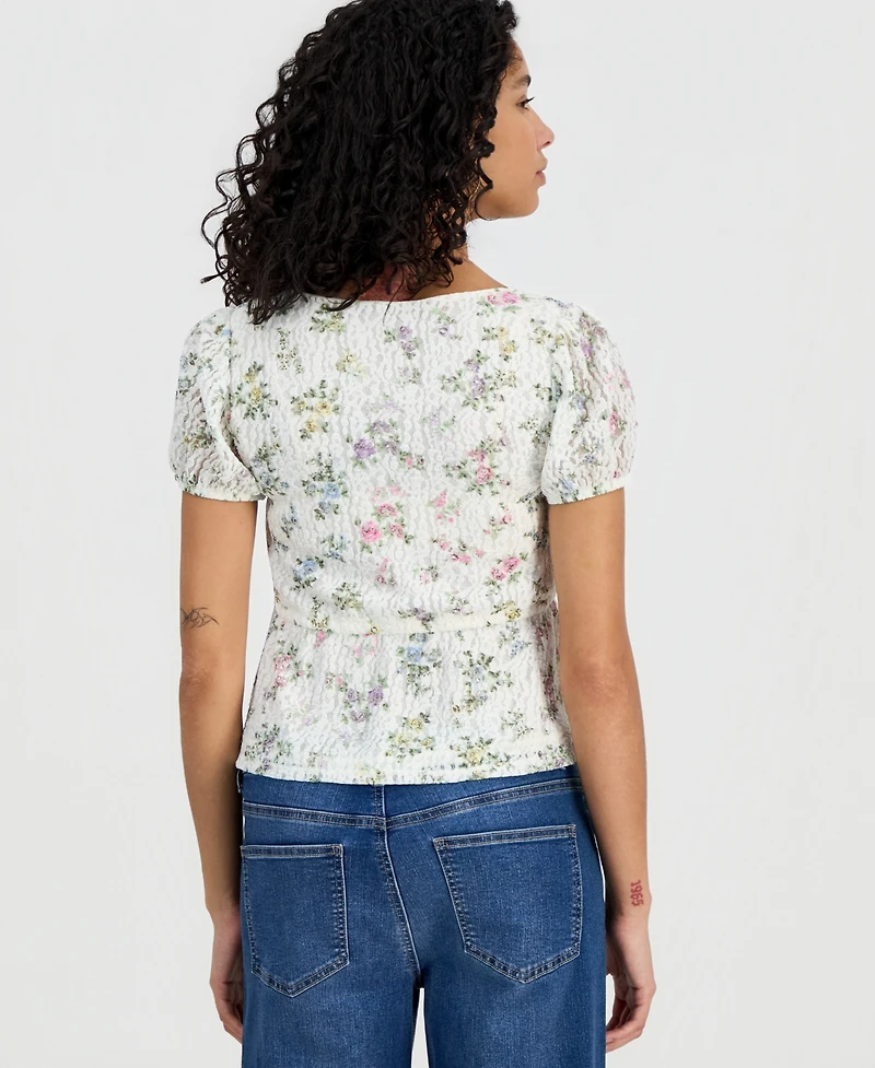 Self Esteem Juniors' Printed Lace Short-Sleeve Babydoll Top