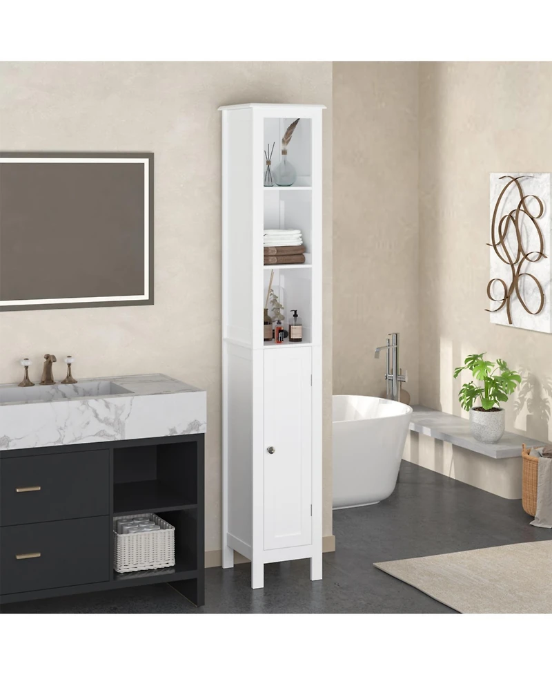 Freestanding Bathroom Storage Cabinet with Adjustable Shelves Slim Single Door Cabinet with Anti Tip and Open Compartments