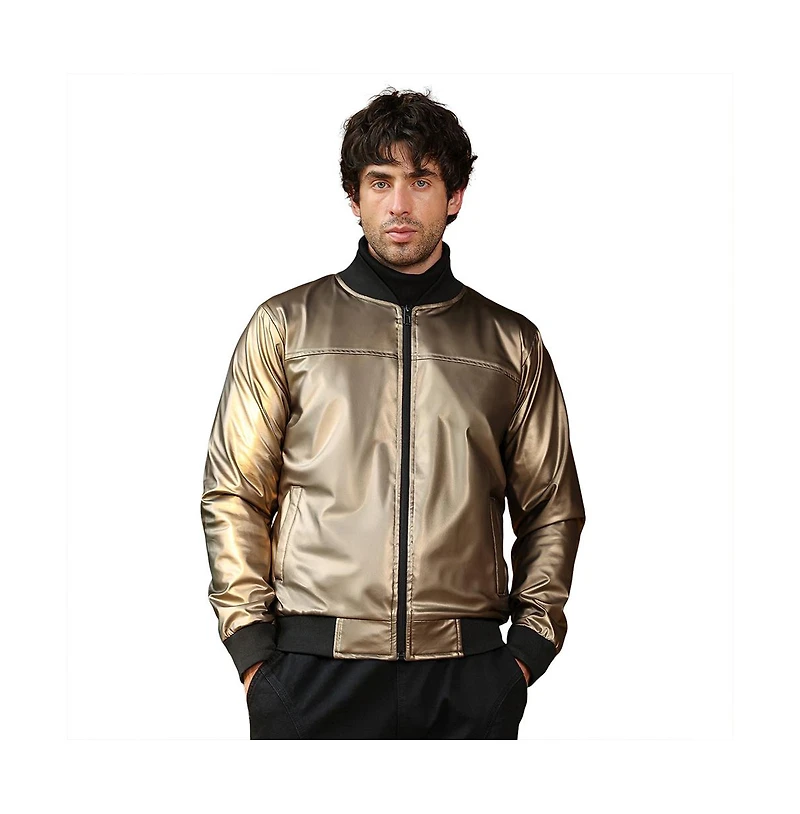 Campus Sutra Men's Antique Bronze Patent-Panel Bomber Jacket