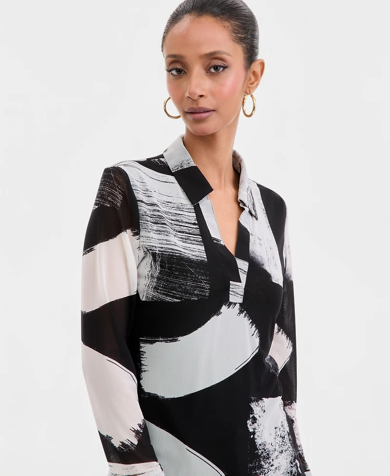 I.n.c. International Concepts Women's Long-Sleeve Printed Mesh Collared Top, Macy's Exclusive