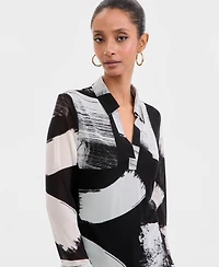 I.n.c. International Concepts Women's Long-Sleeve Printed Mesh Collared Top, Macy's Exclusive