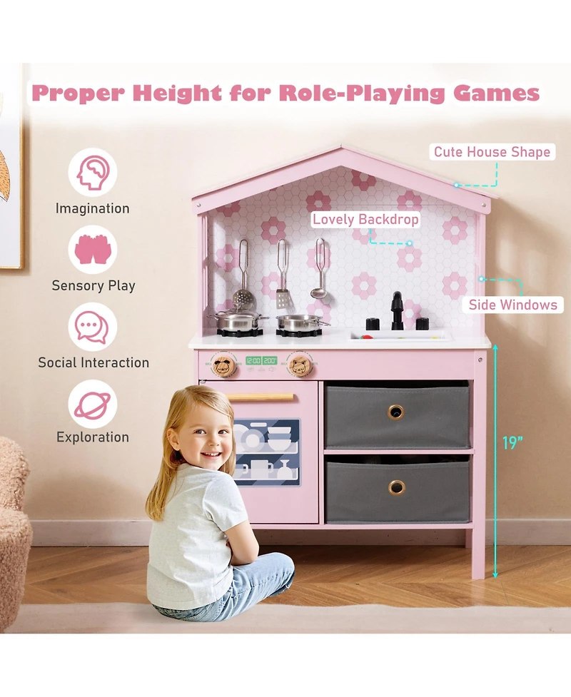 Gymax Kids Play Kitchen w/2 Stoves Rotation Knobs Faucet Sink Dishwasher Drawers