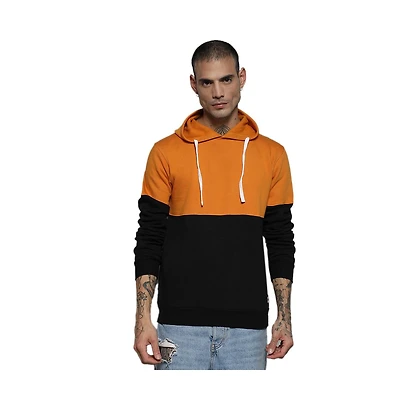 Campus Sutra Men's Black & Mustard Yellow Pullover Hoodie With Ribbed Hem