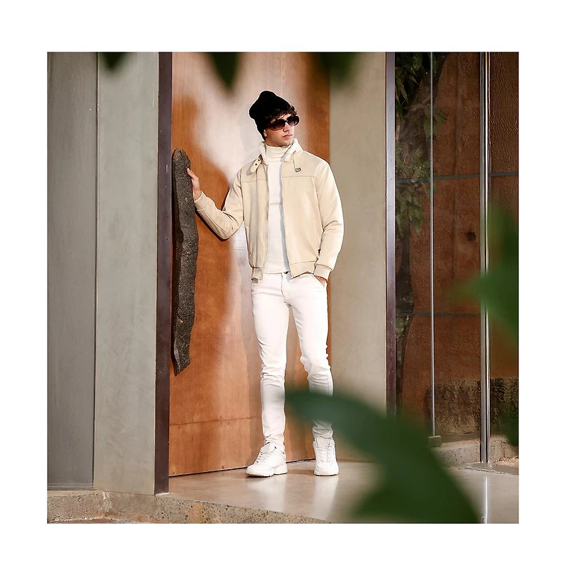 Campus Sutra Men's Saltbox Beige Contrast Sherpa-Lined Suede Bomber Jacket