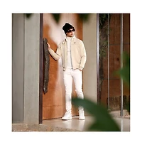 Campus Sutra Men's Saltbox Beige Contrast Sherpa-Lined Suede Bomber Jacket