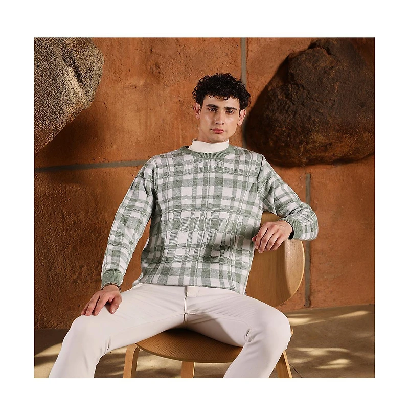 Campus Sutra Men's Olive Green Plaid-Jacquard Knit Pullover Sweater