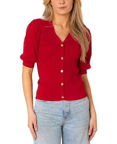 Hope & Henry Women's Organic Puff Sleeve Button Front Sweater