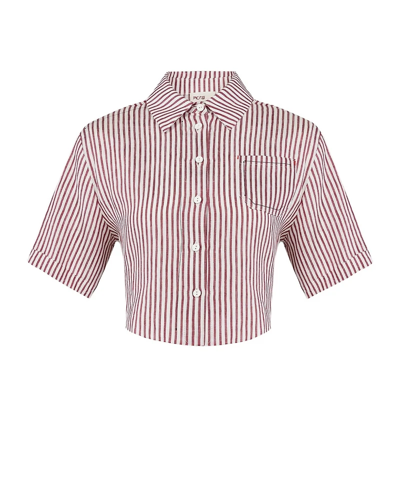 Pcfg Women's Red Striped Linen Crop Shirt