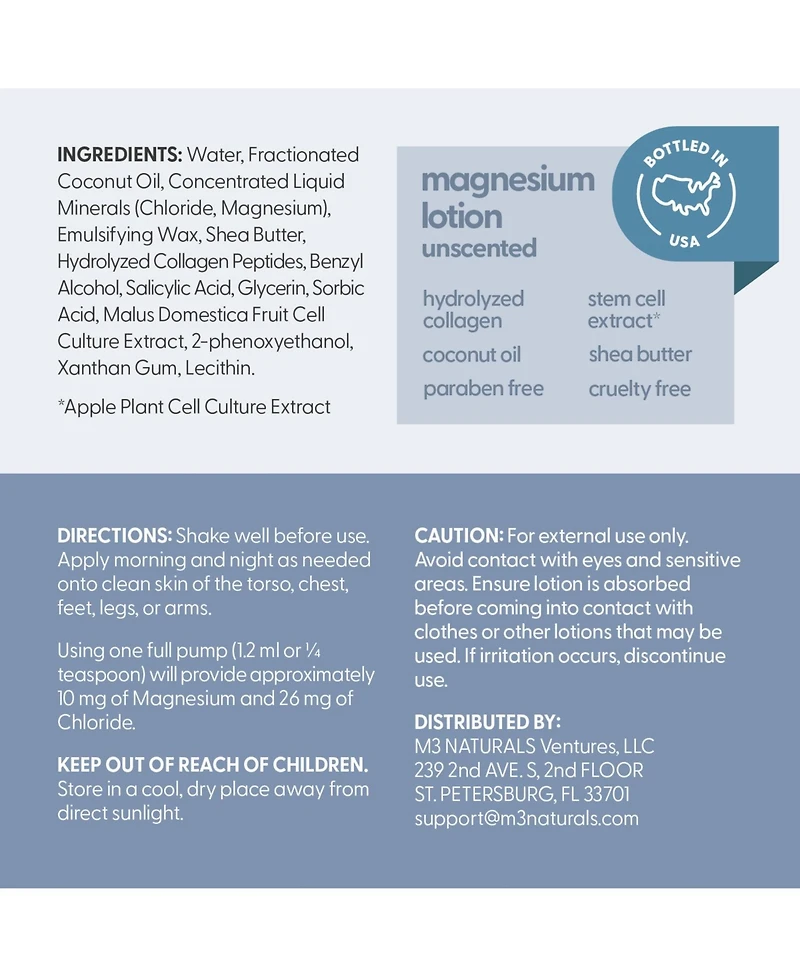 M3 Naturals Magnesium Lotion Unscented, 8fl oz