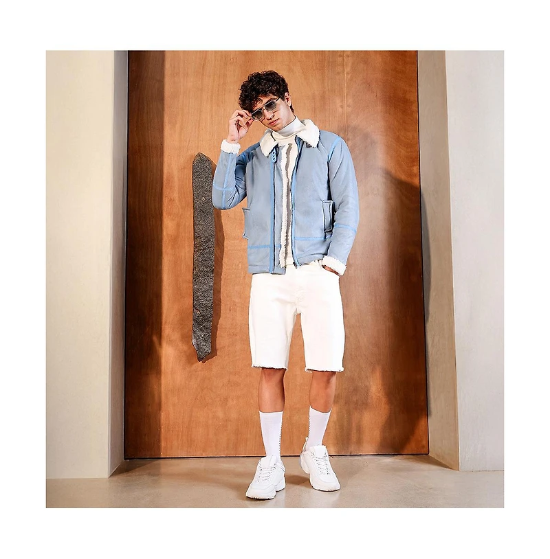 Campus Sutra Men's Powder Blue Contrast Sherpa-Lined Suede Rider Jacket