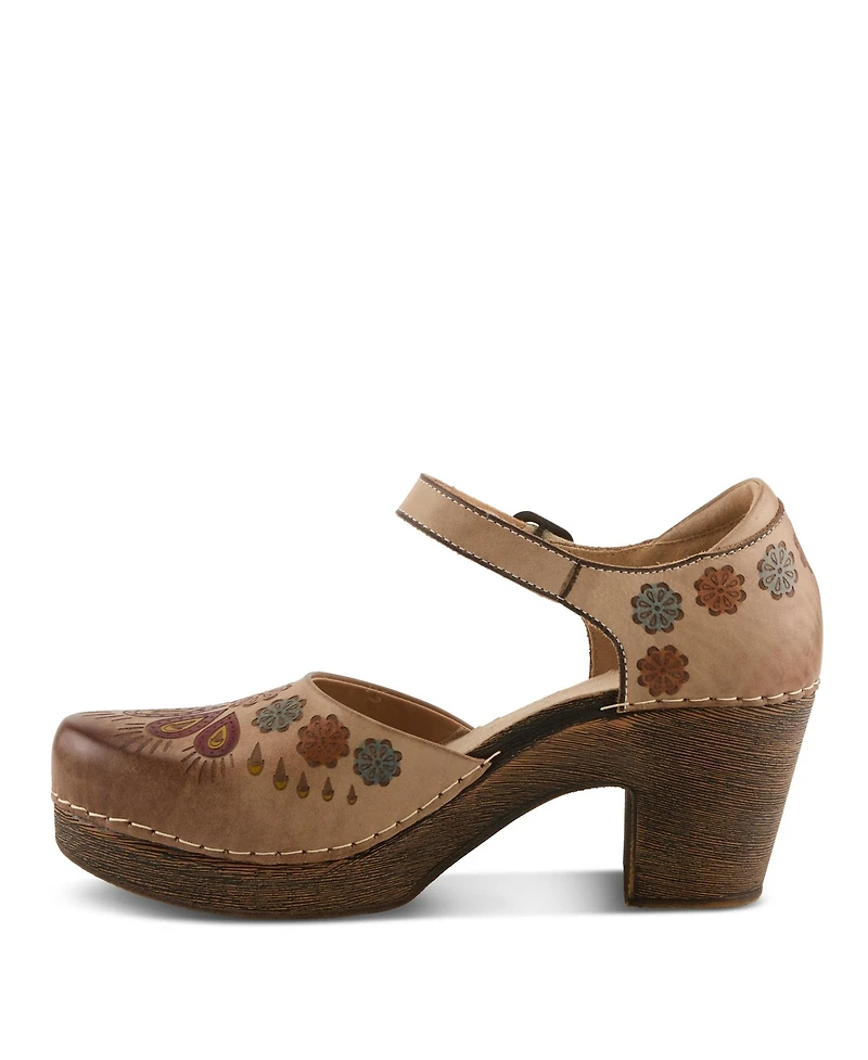 L'Artiste Women's Bridgitte Hand-Painted Mary Jane – Leather Floral Strap Heel With Arch Support