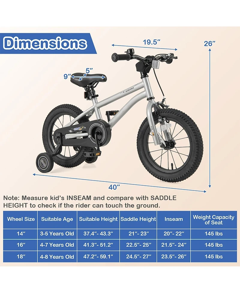Sugift 14 Inch Kids Bike Bicycle for Boys Girls 3-5 with High Carbon Steel Frame