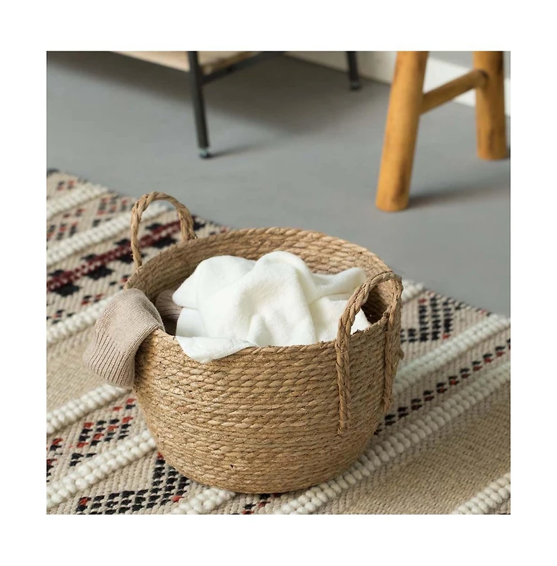 Wickerwise Decorative Round Wicker Woven Rope Storage Blanket Basket with Braided Handles