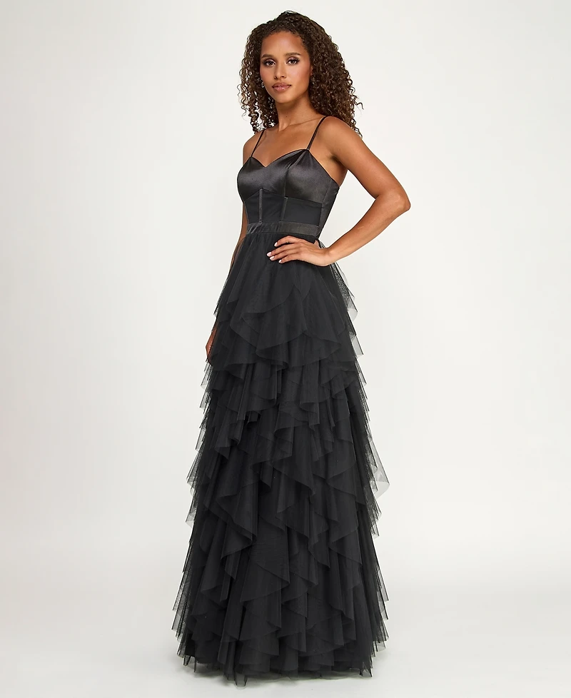 City Studios Juniors' Sweetheart-Neck Ruffled Cascade Gown