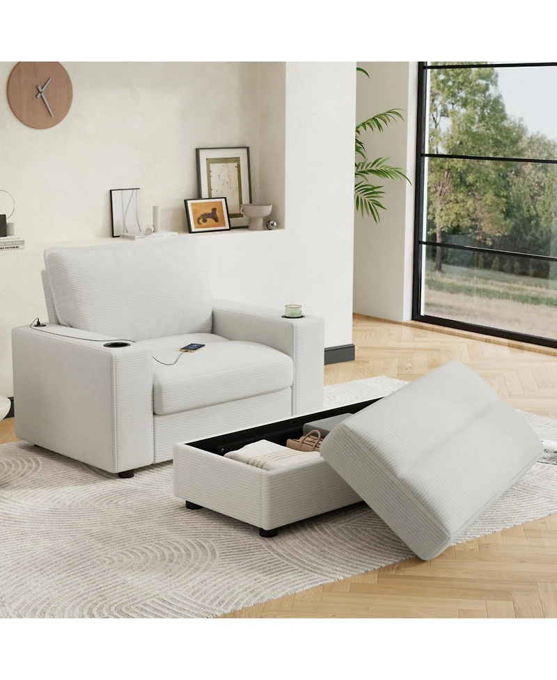Streamdale Furniture Oversized Corduroy Chaise Lounge with Storage Ottoman, Cup Holders & Usb