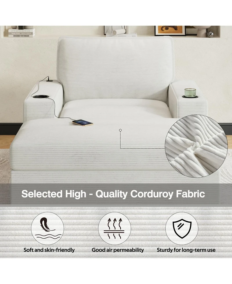Streamdale Furniture Oversized Corduroy Chaise Lounge with Storage Ottoman, Cup Holders & Usb