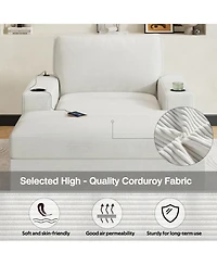 Streamdale Furniture Oversized Corduroy Chaise Lounge with Storage Ottoman, Cup Holders & Usb