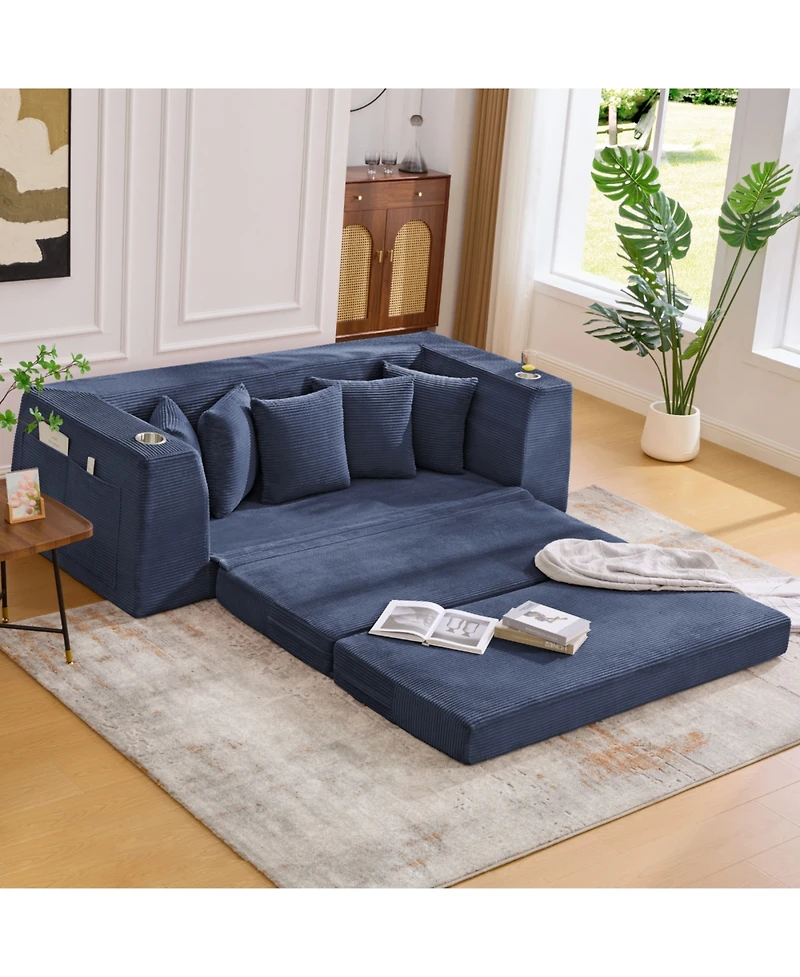 Streamdale Furniture Streamdale Blue Corduroy Convertible Sofa Bed with 5 Pillows, No Assembly