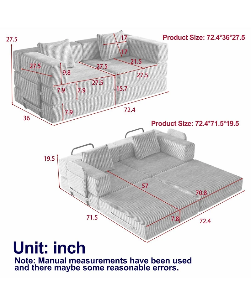 Streamdale Furniture 4-seater folding sofa bed with corduroy fabric, storage pockets & cushions.