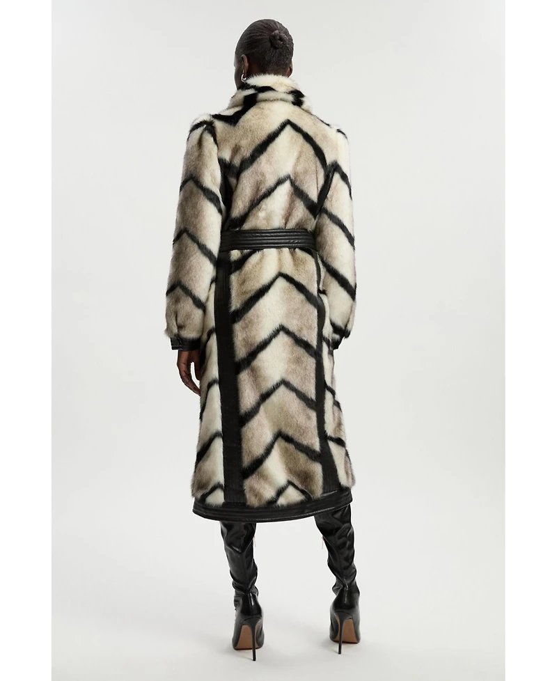 Karen Millen Women's Stripe Faux Fur Belted Long Coat