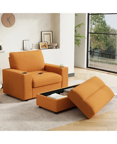 Streamdale Furniture Oversized Corduroy Chaise Lounge with Storage Ottoman, Cup Holders & Usb