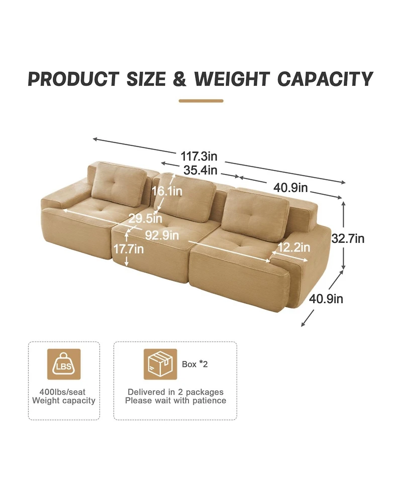 Streamdale Furniture Modern Modular Sectional Sofa, Corduroy Fabric, Oversized 3-Seater Couch, Camel