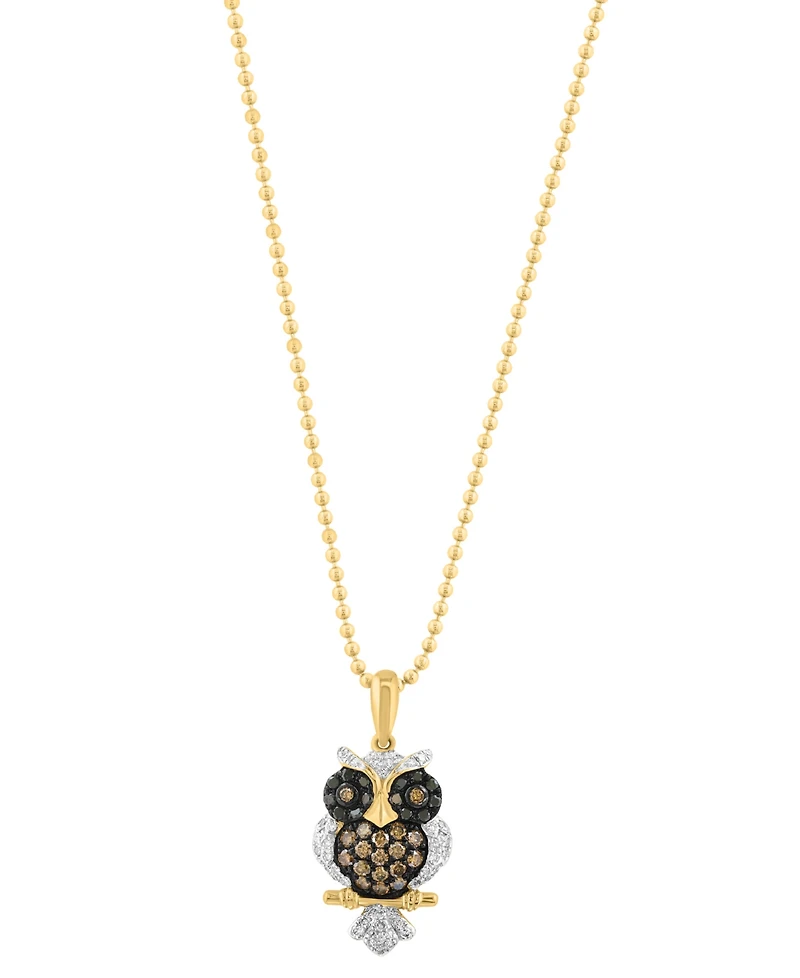 Effy Collection White, Black, & Brown Diamond Owl Pendant Necklace (3/8 ct. t.w.) in 14k Yellow Gold