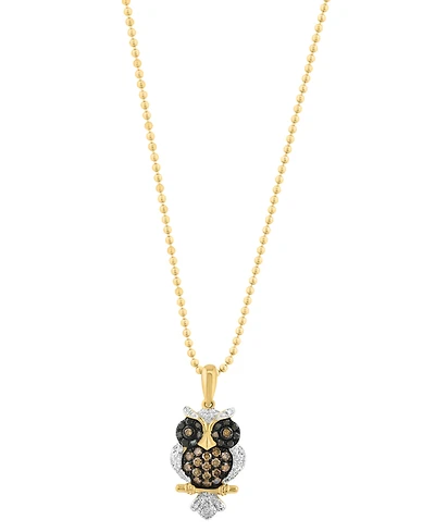Effy Collection White, Black, & Brown Diamond Owl Pendant Necklace (3/8 ct. t.w.) in 14k Yellow Gold