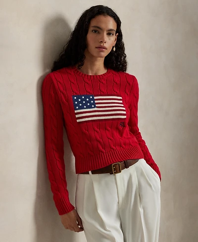 Polo Ralph Lauren Women's Flag Cable-Knit Cropped Sweater