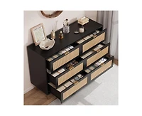 Gaomon Wooden Natural Rattan 6 Drawer Dresser for Bedroom