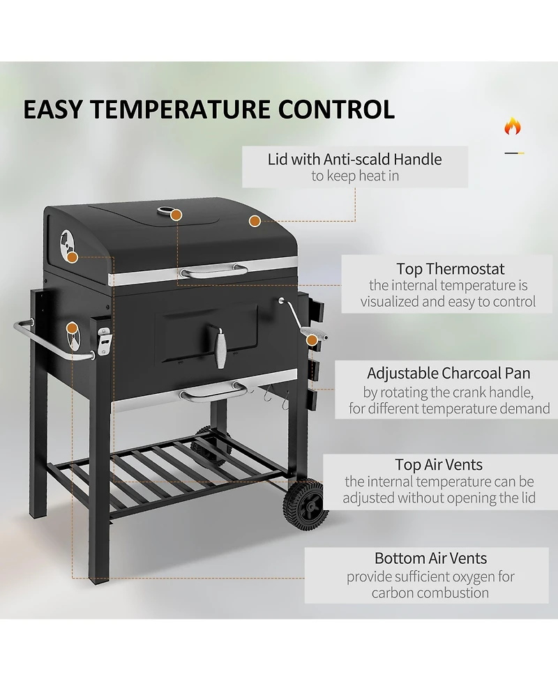 Outsunny Charcoal Bbq Grill, Outdoor Portable Cooker for Camping, Picnic or Backyard with Side Shelf, Bottom Storage Shelf, Wheels and Handle, Grey