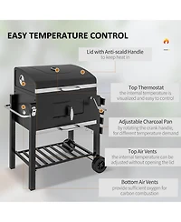 Outsunny Charcoal Bbq Grill, Outdoor Portable Cooker for Camping, Picnic or Backyard with Side Shelf, Bottom Storage Shelf, Wheels and Handle, Grey