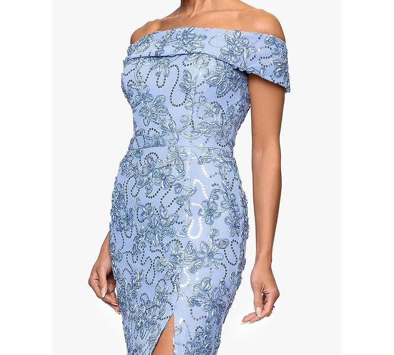 Xscape Petite Straight Neck Off-The-Shoulder Long Dress